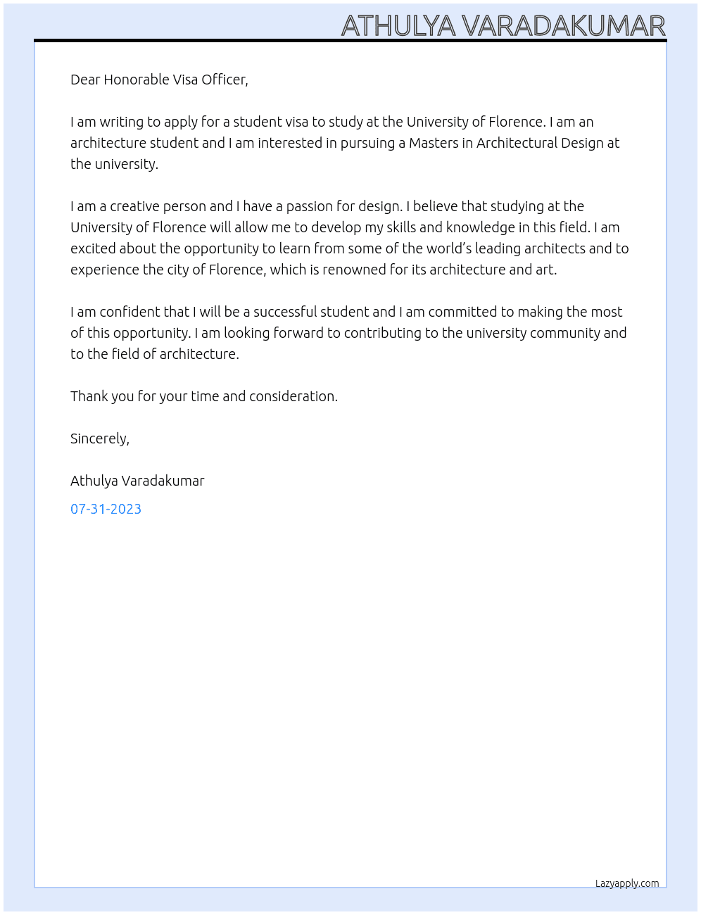 ARCHITECTURE STUDENT  At UNIVERSITY OF FLORENCE Cover Letter