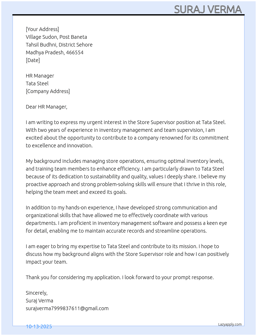 Cover letter for store supervisor - LazyApply