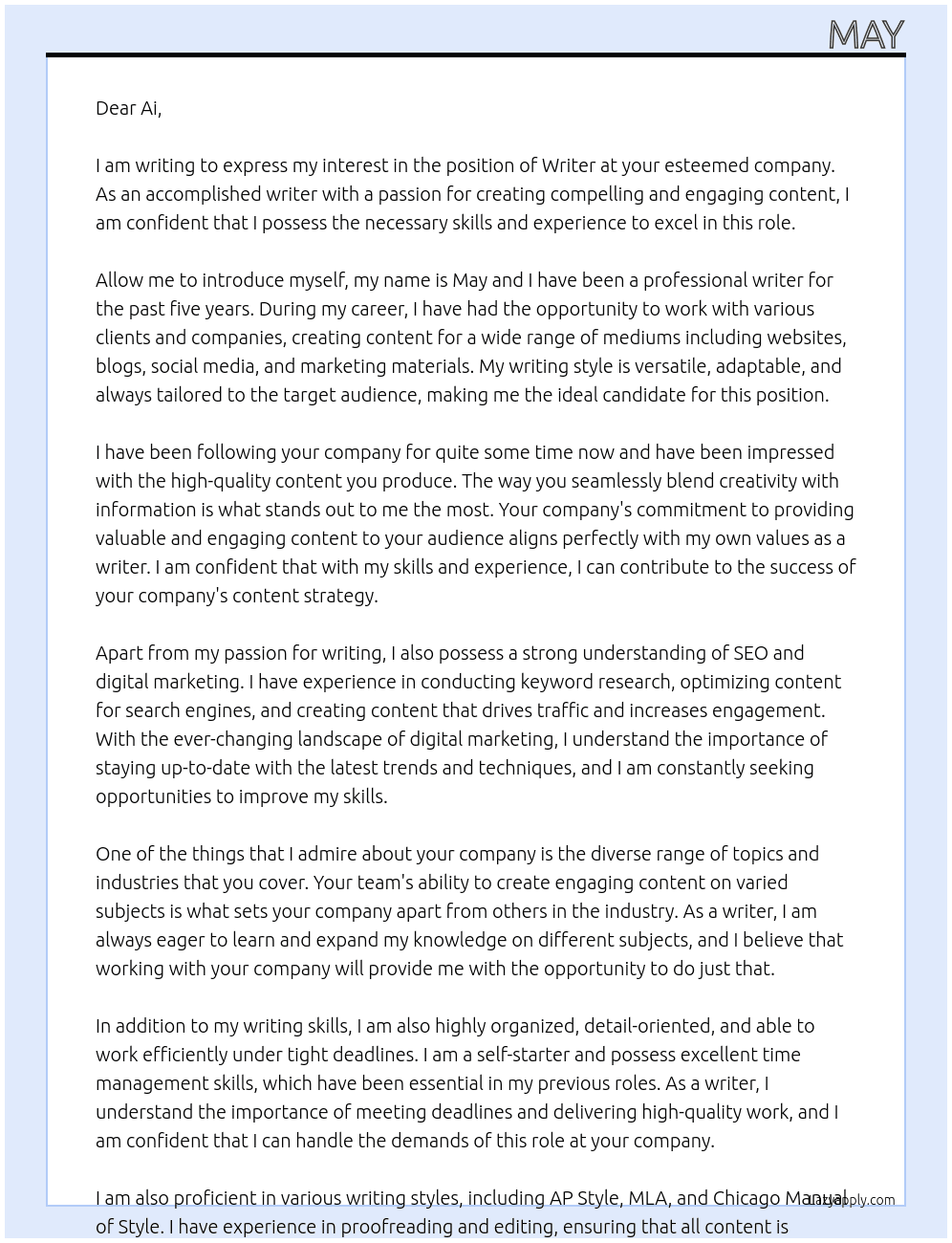 Writer At Ai  Cover Letter