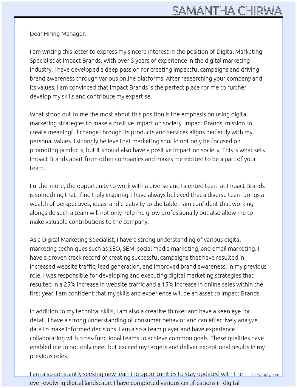 Digital marketing specialist At Impact Brands Cover Letter