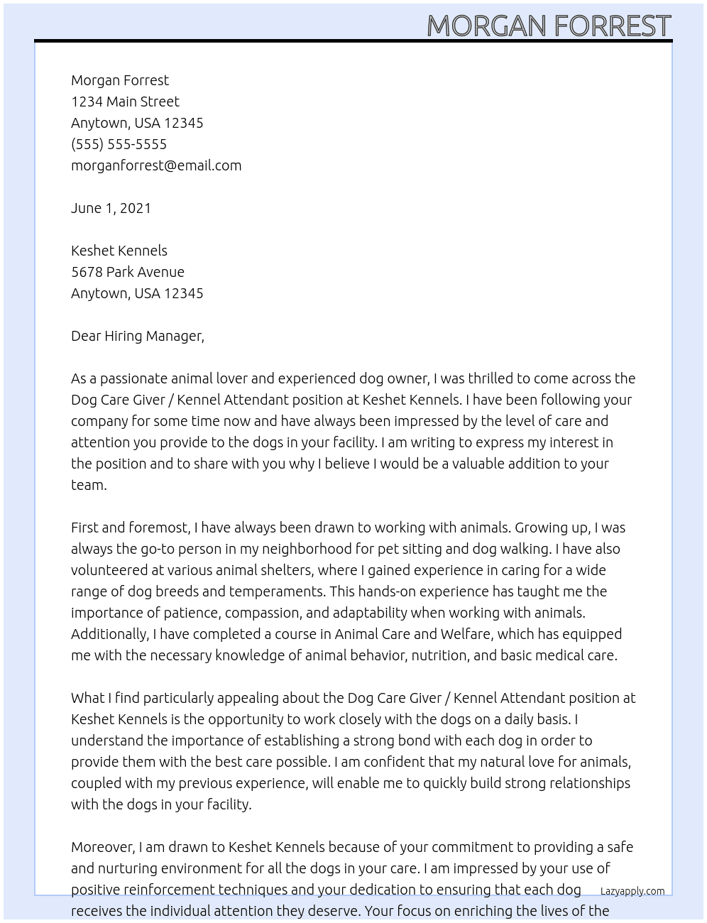 Dog Care Giver / Kennel Attendant At Keshet Kennels Cover Letter