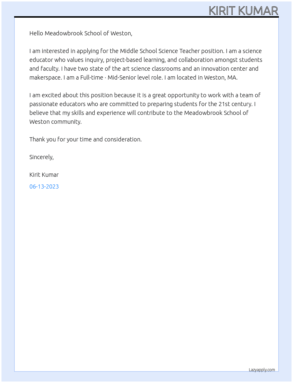 Middle School Science Teacher At The Meadowbrook School of Weston Cover Letter