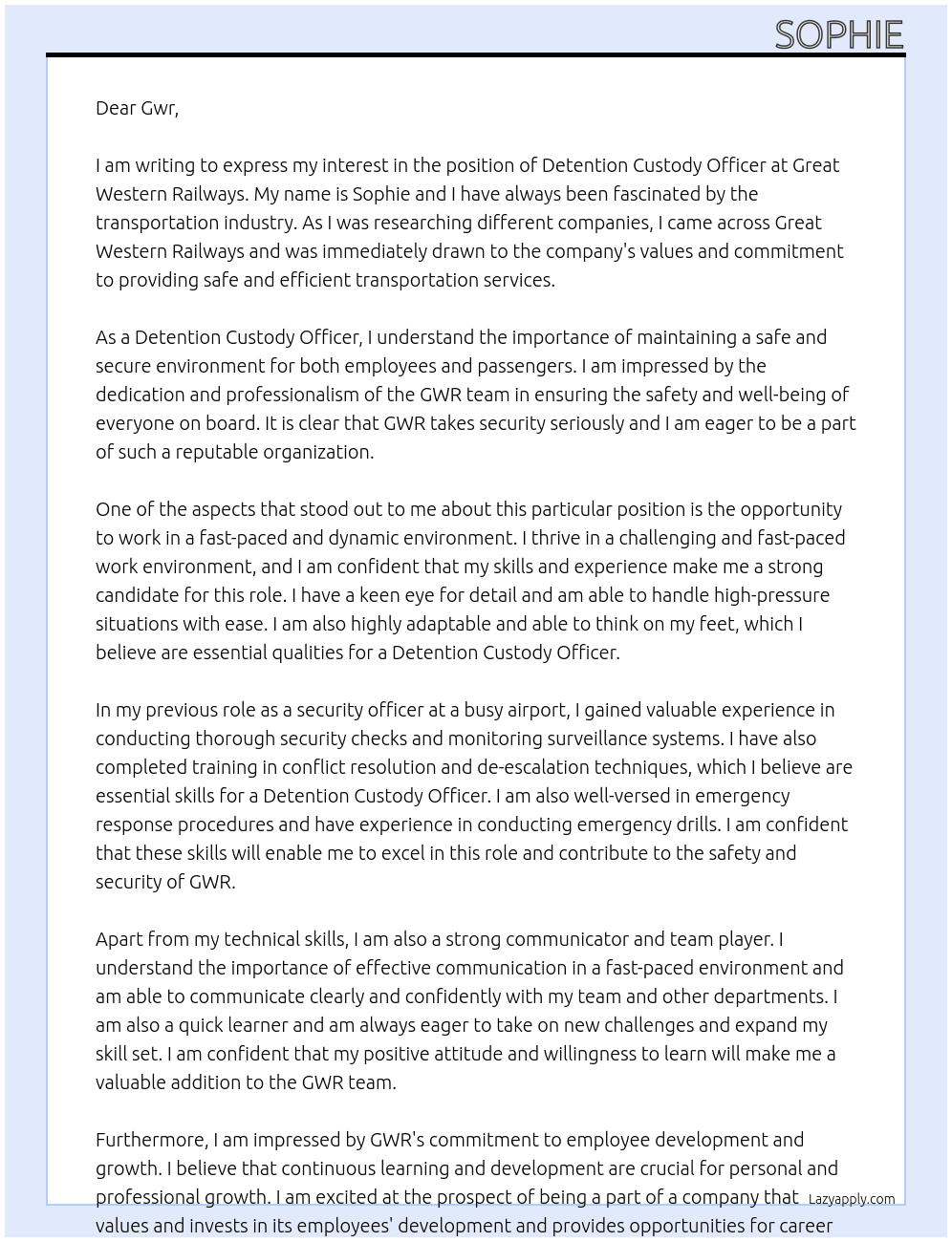 Detention custody officer At Great western railways  Cover Letter