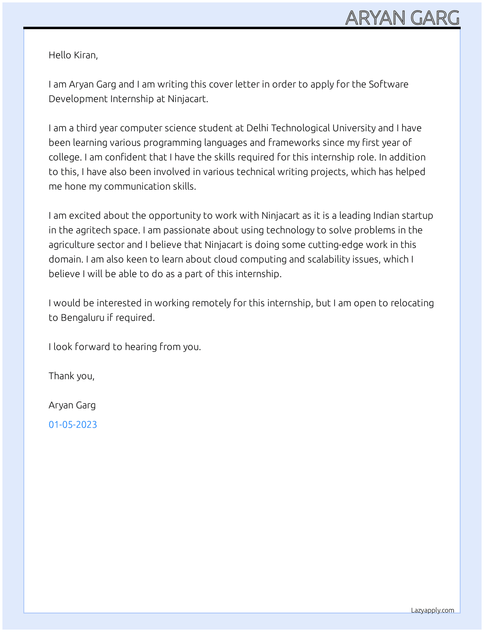 Software Development Internship At Ninjacart Cover Letter