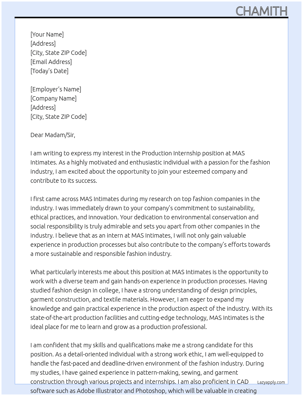 Production Internship  At MAS Intimates Cover Letter