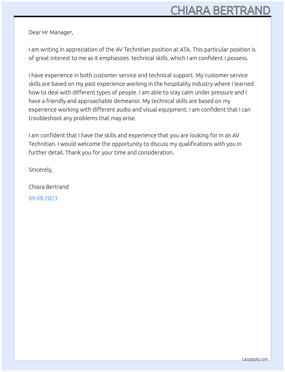 AV Technitian At ATA Cover Letter