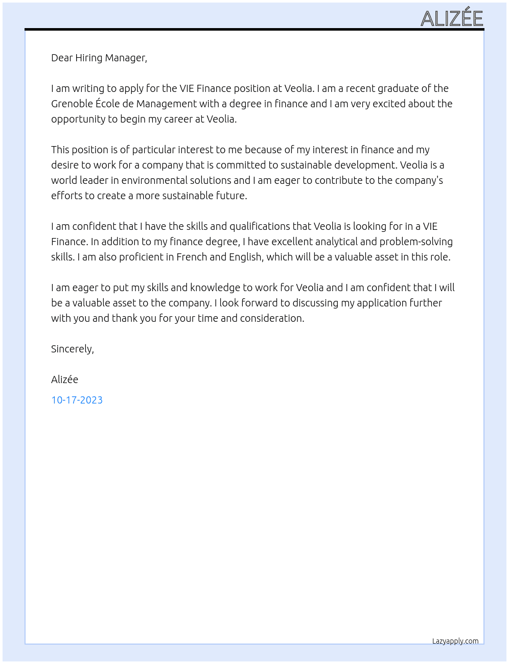 VIE Finance At Veolia Cover Letter