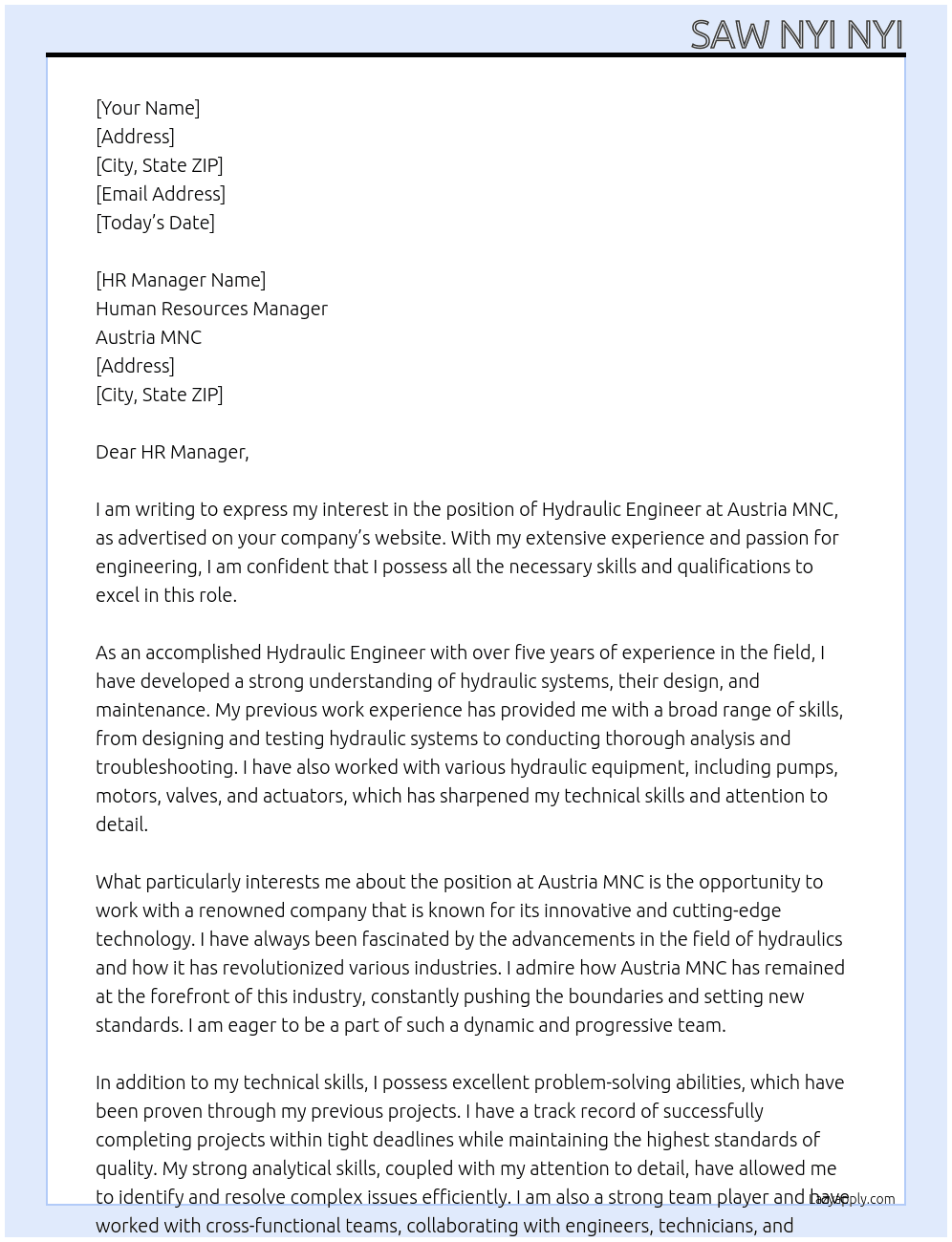 hydraulic engineer At Austria MNC Cover Letter