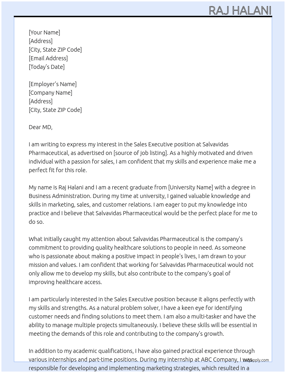 sales excutive At salvavidas pharmaceuticval Cover Letter