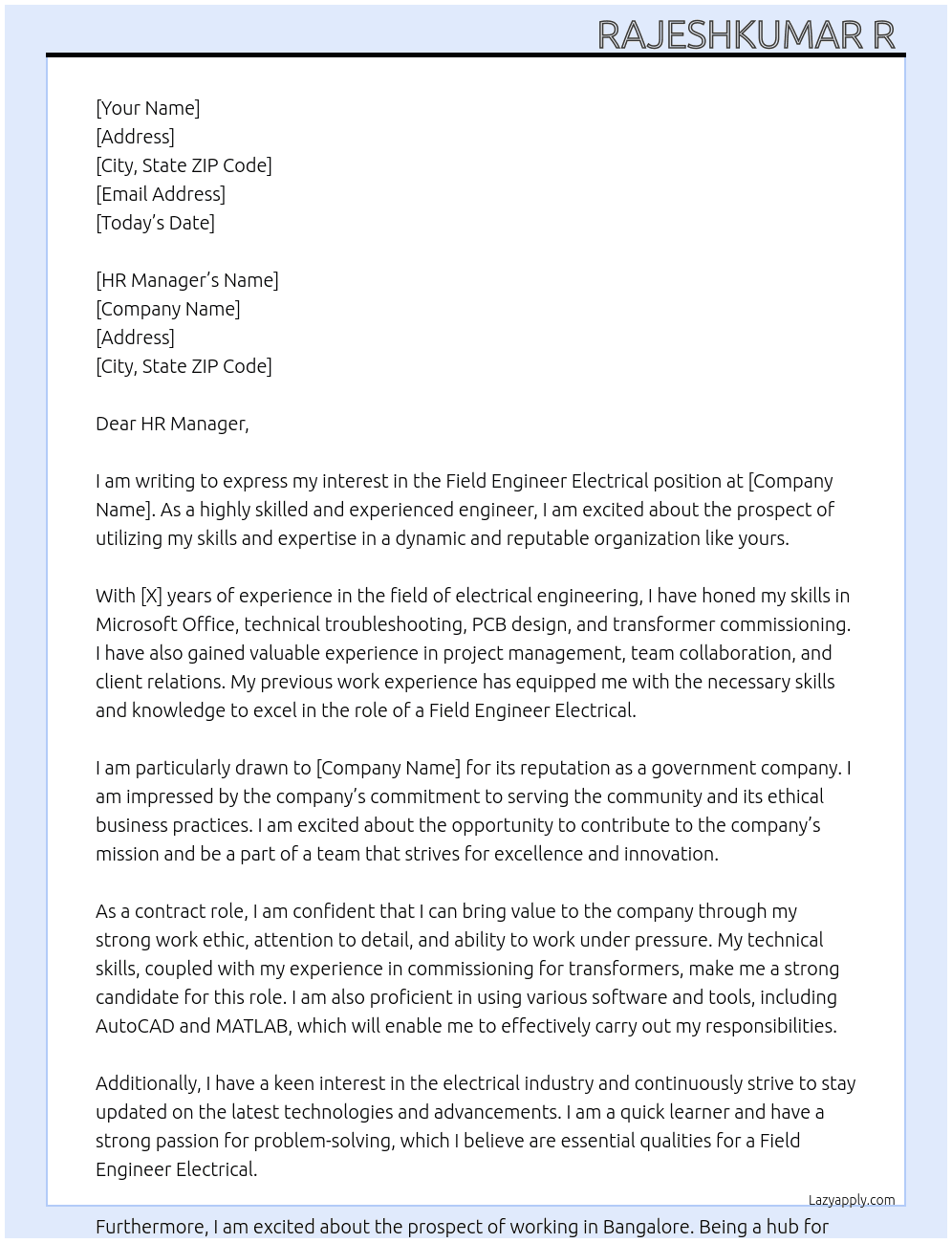 Field Engineer Electrical  At Government company  Cover Letter