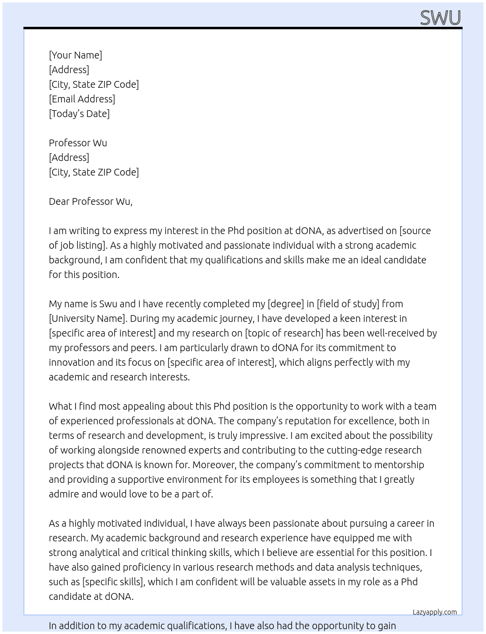 Phd At dONA Cover Letter