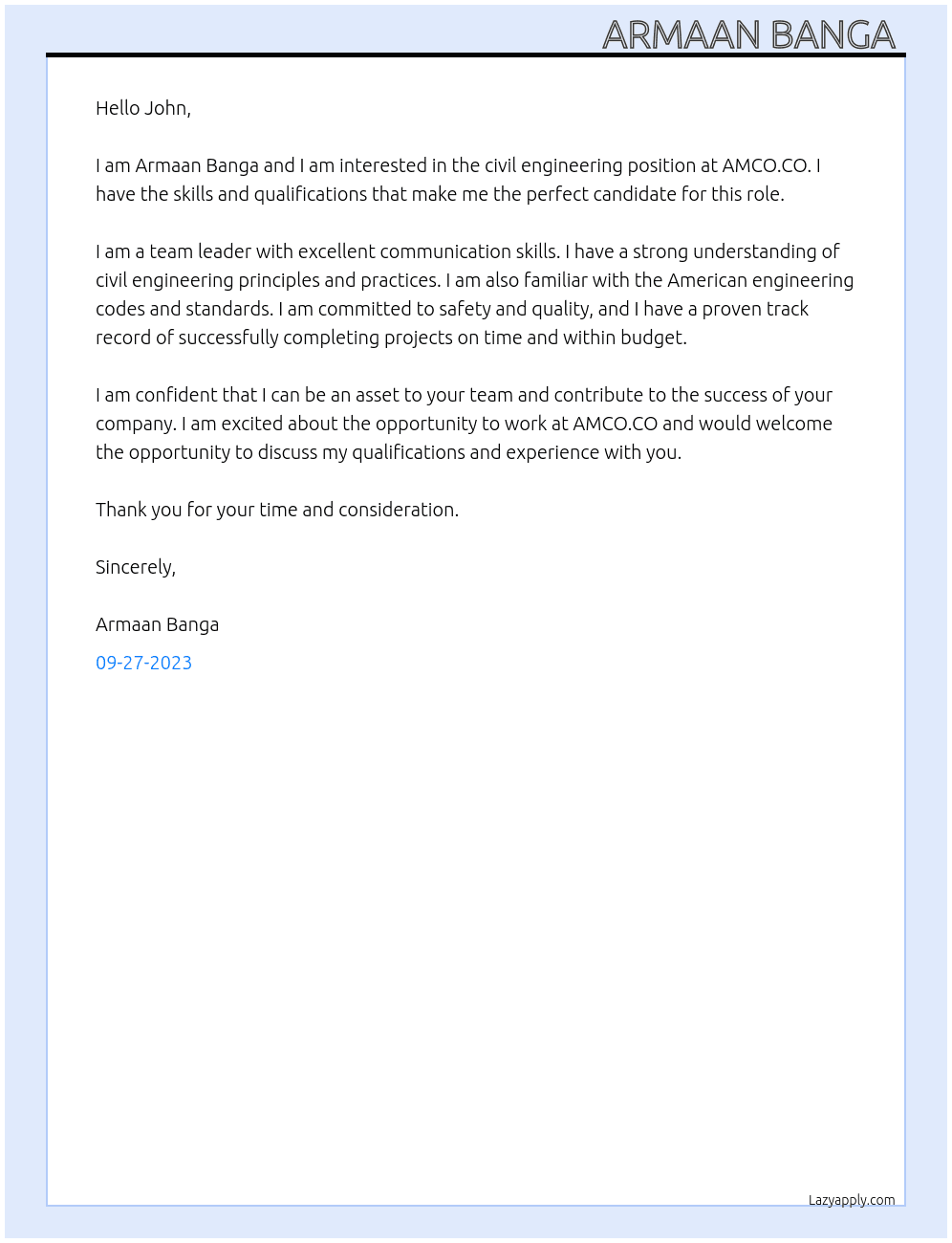civil engineering  At AMCO.CO Cover Letter