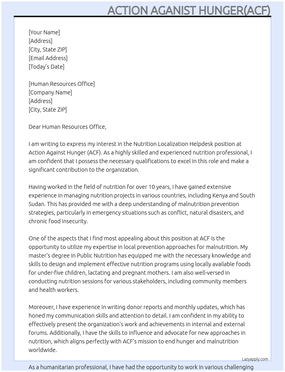 Nutrition Localization Helpdesk At ACF Cover Letter