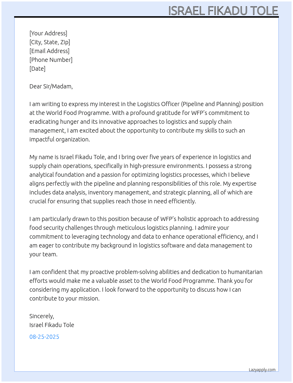Logistics Officer (Pipeline and Planning)  At World Food Programme Cover Letter