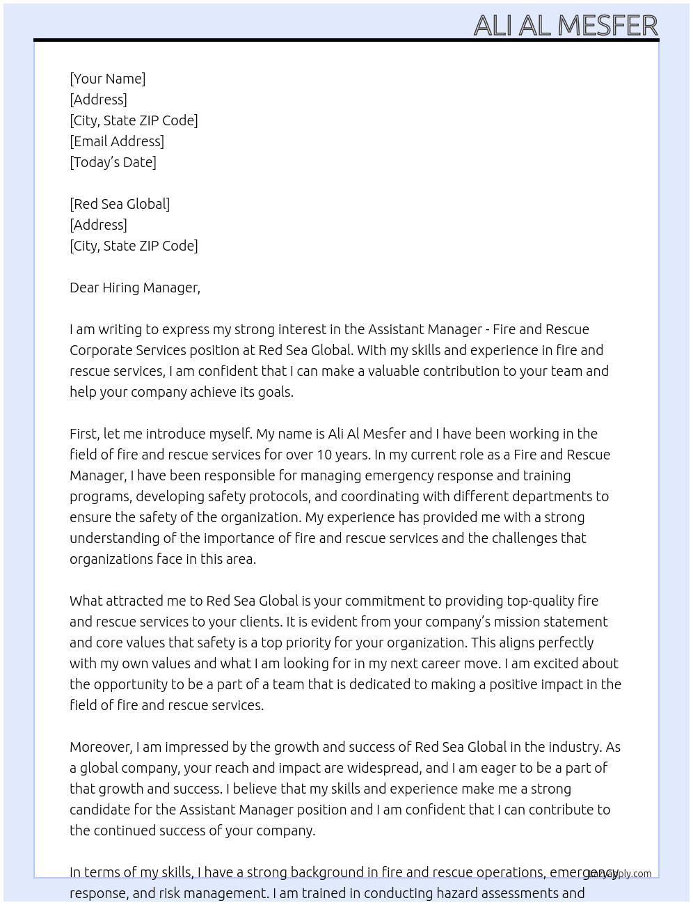 Assistant Manager - Fire and Rescue Corporate Services At Red Sea Global Cover Letter