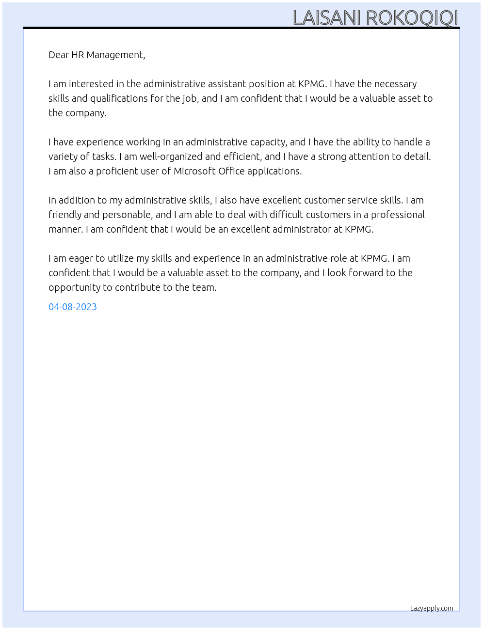Administrative assitant  At KPMG Cover Letter