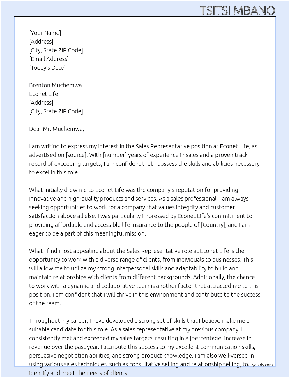Sales representative  At Econet Life Cover Letter