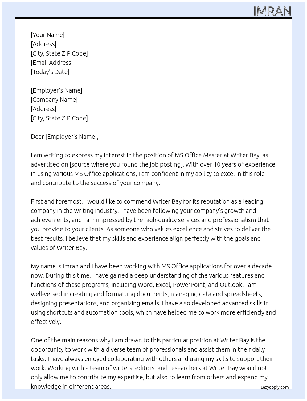 ms office master At writer bay Cover Letter