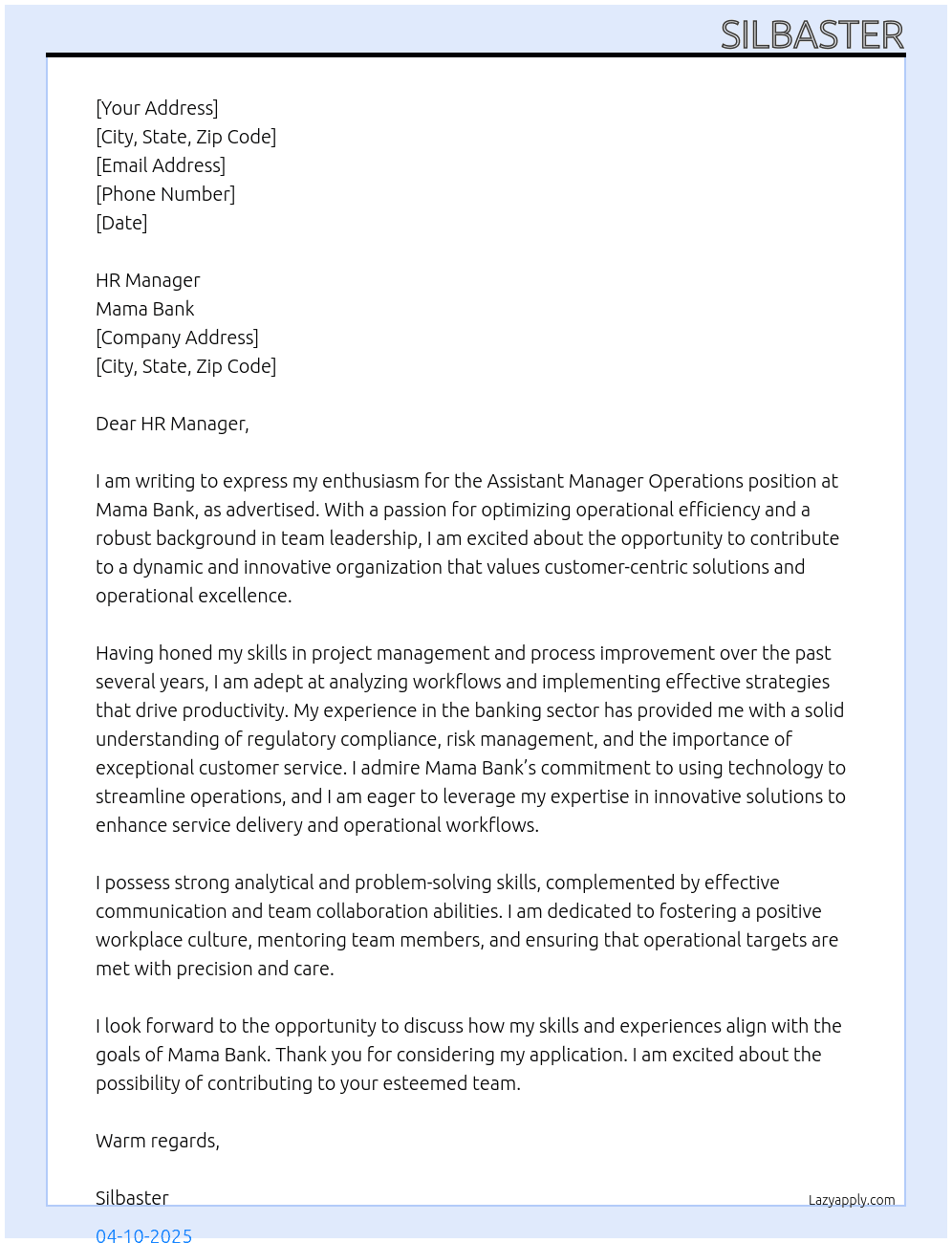 Cover letter for assistant manager - operations - LazyApply