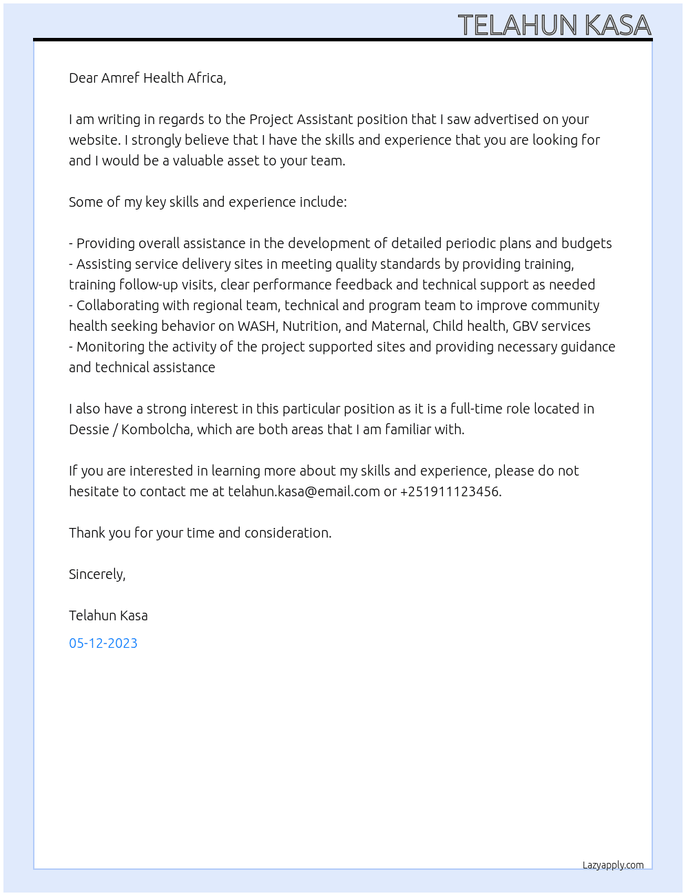Project assistant  At Amref Health Africa Cover Letter