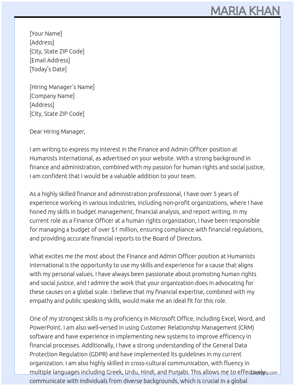 Finance and Admin Officer At Humanists International Cover Letter