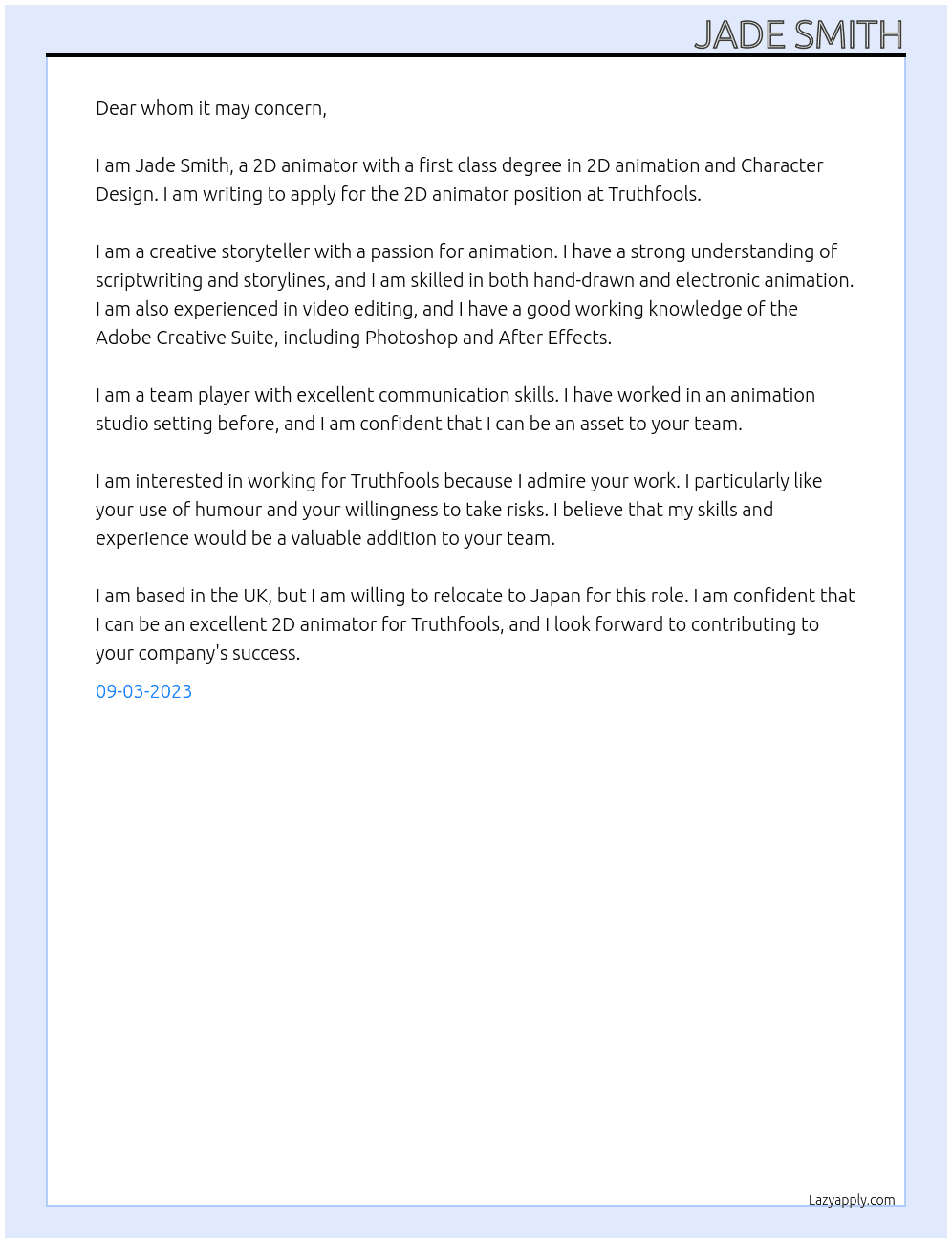 2D animator At Truthfools Cover Letter