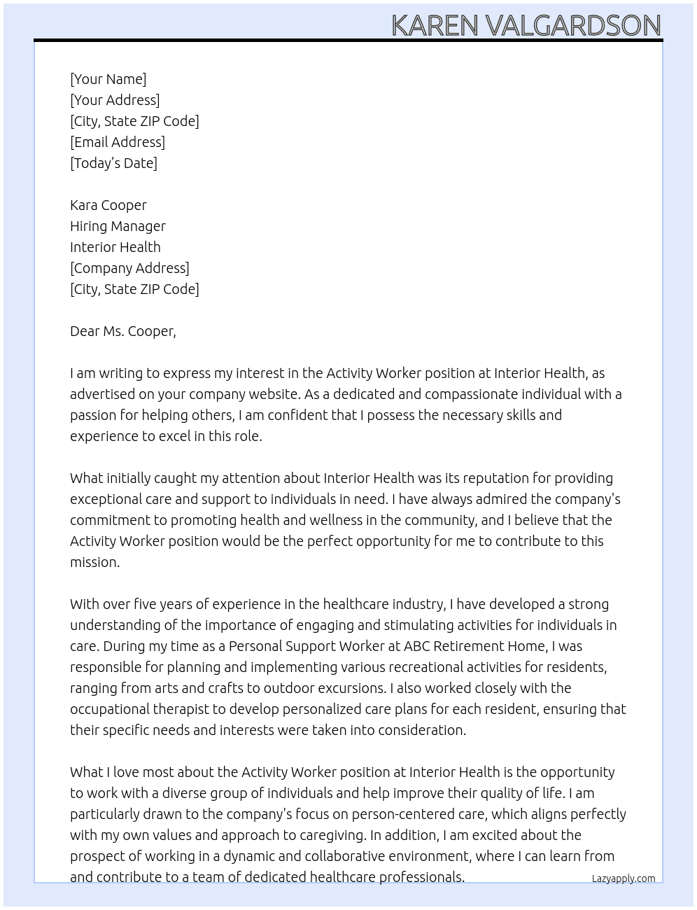 Activity worker At Interior Health Cover Letter