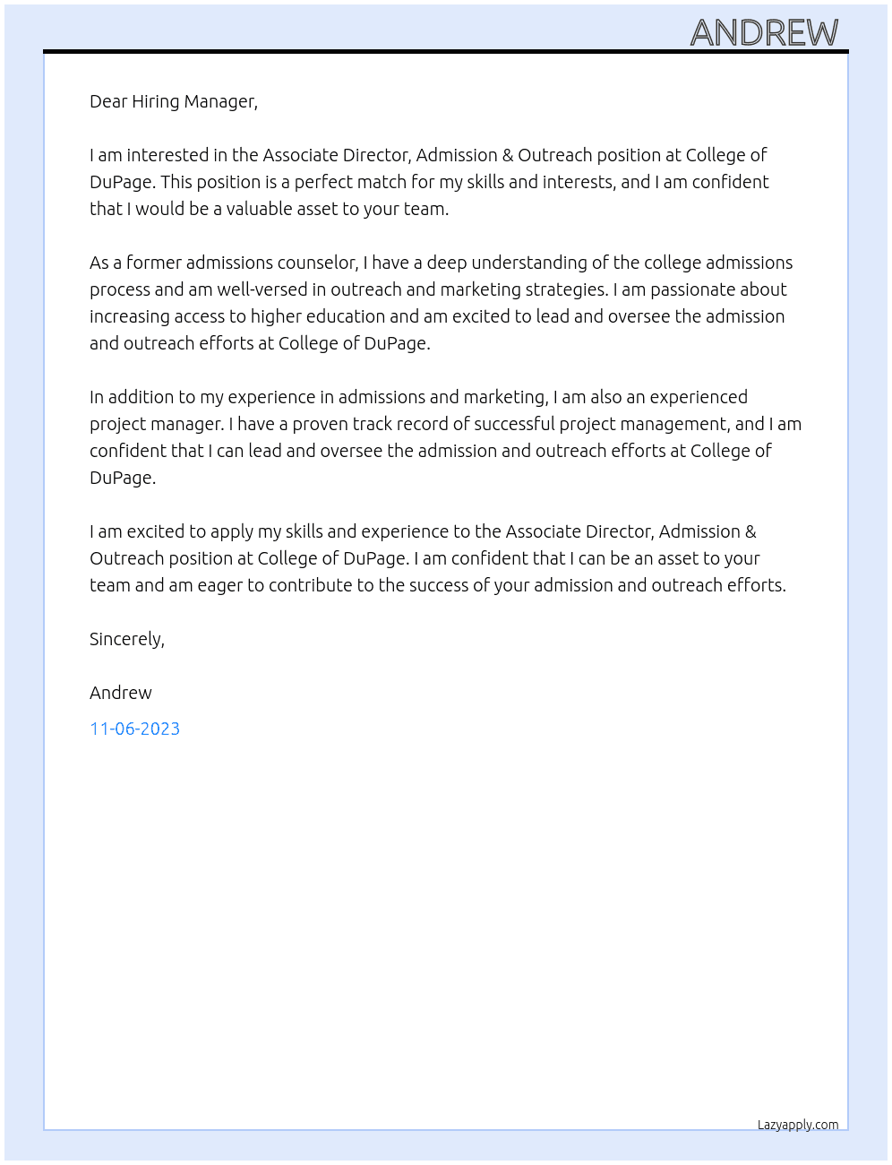 Associate Director, Admission & Outreach At College of DuPage Cover Letter