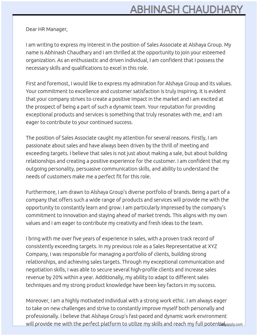 Sales Associate  At Alshaya Group Cover Letter