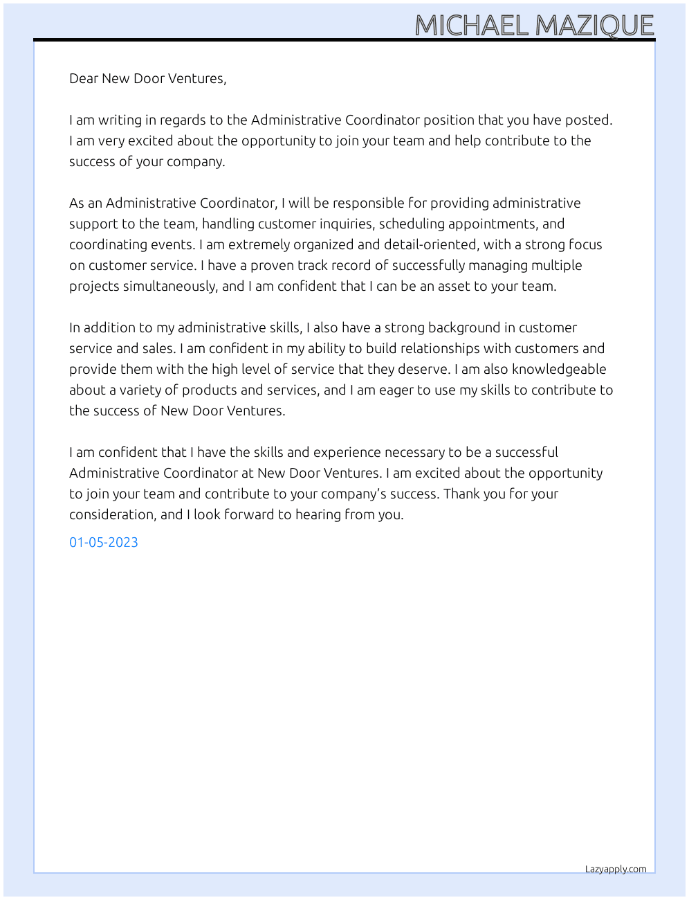 Administrative Coordinator At New Door Ventures Cover Letter