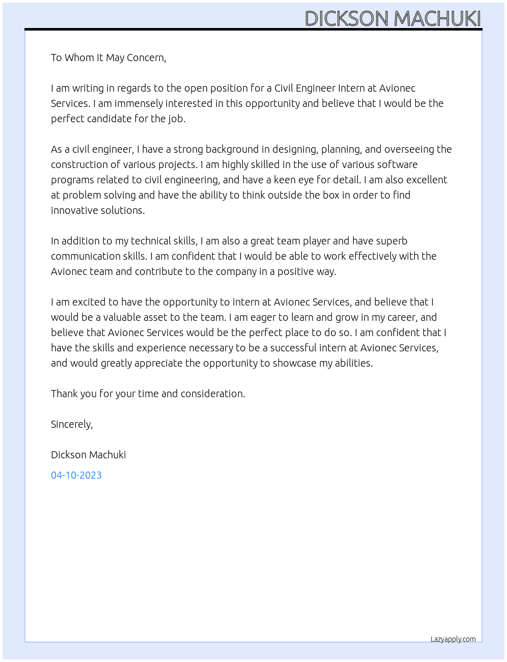 Civil Engineer Intern At Avionec Services Cover Letter