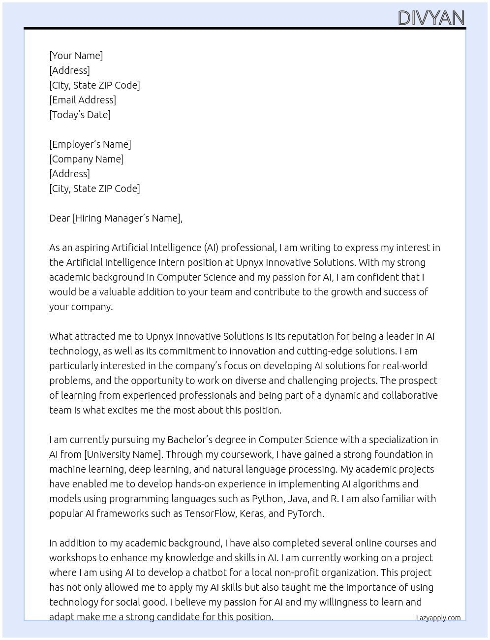 Artificial Intelligence Intern At Upnyx Innovative Solutions Cover Letter