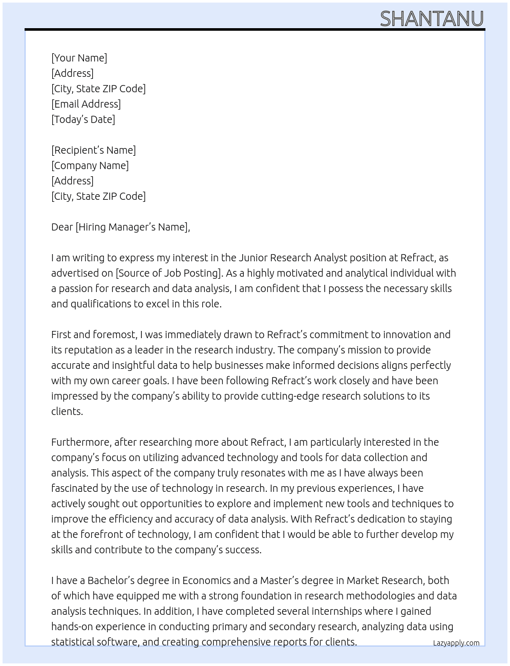 Junior Research Analyst At Refract Cover Letter