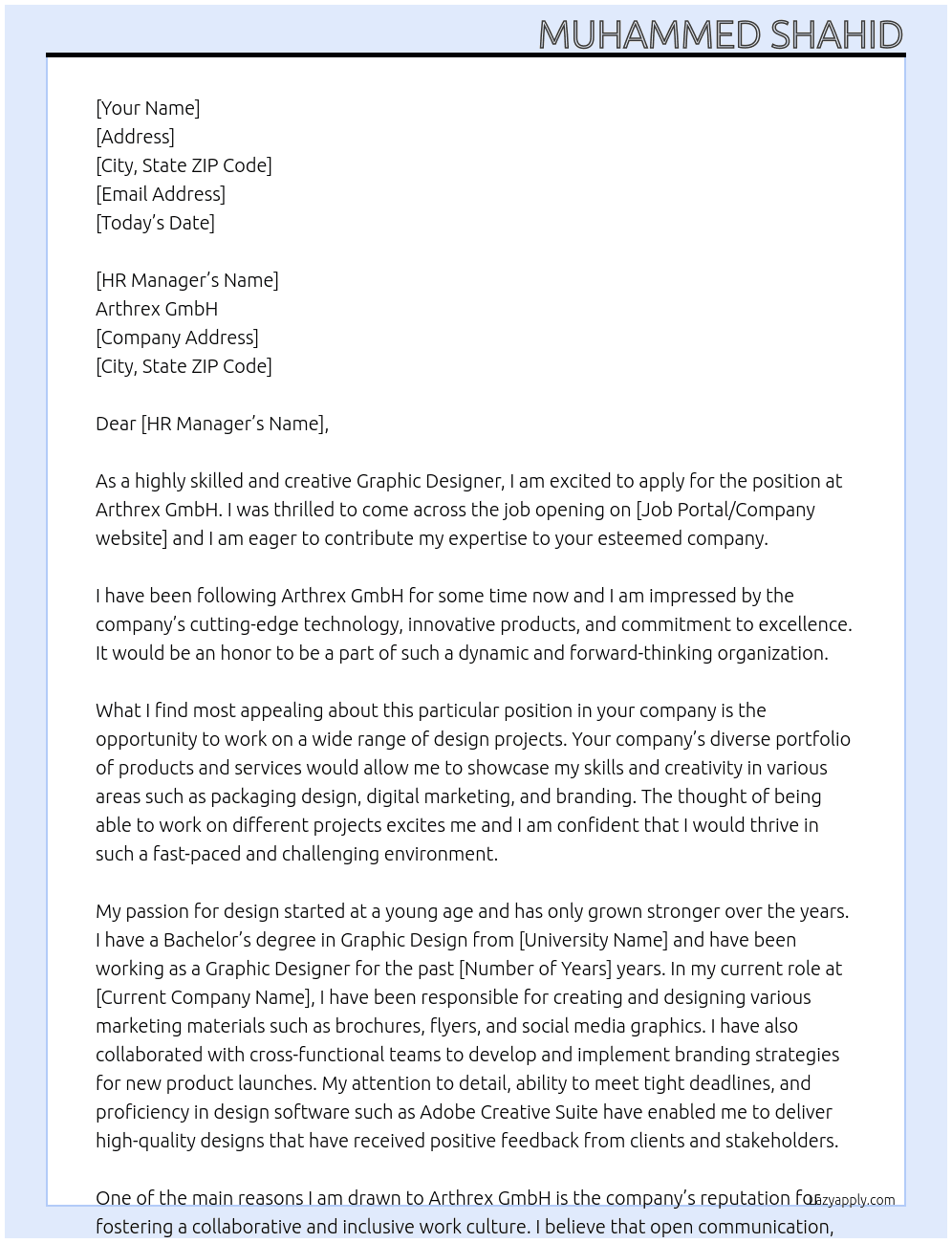 Graphic Designer At Arthrex GmbH Cover Letter