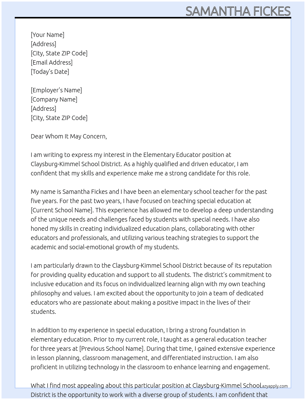 Elementary Educator At Claysburg-Kimmel School District Cover Letter
