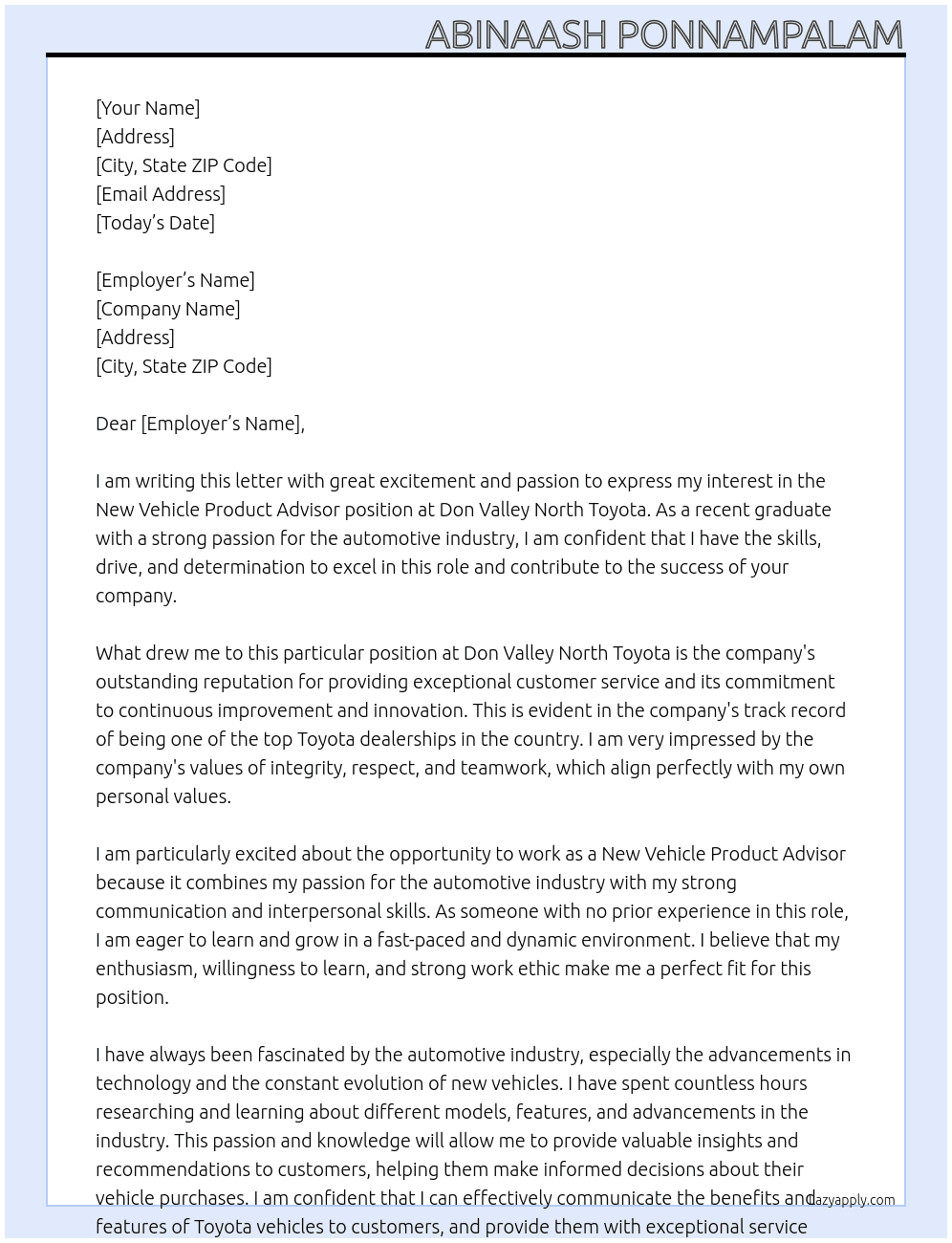  New Vehicle Product Advisor With No Experience  At Don Valley North Toyota Cover Letter
