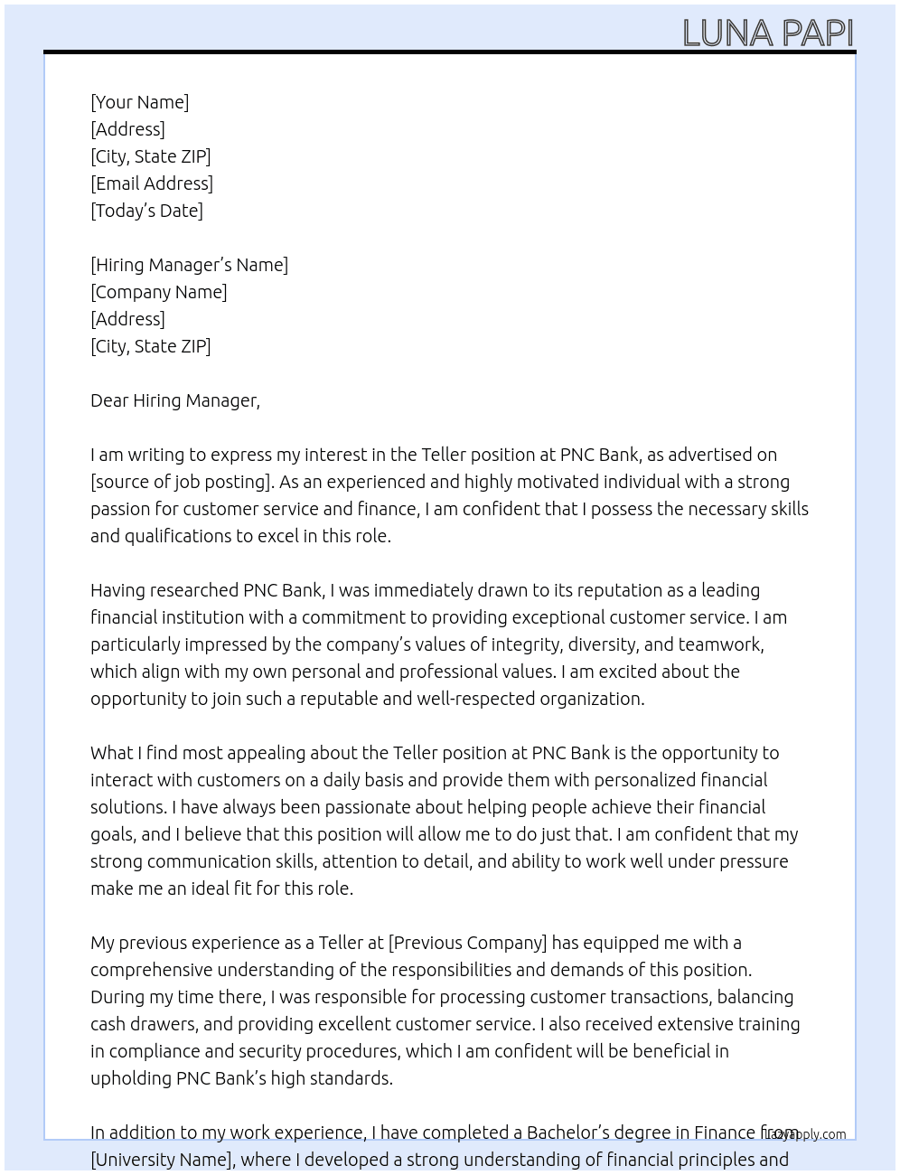 Teller At PNC Bank Cover Letter