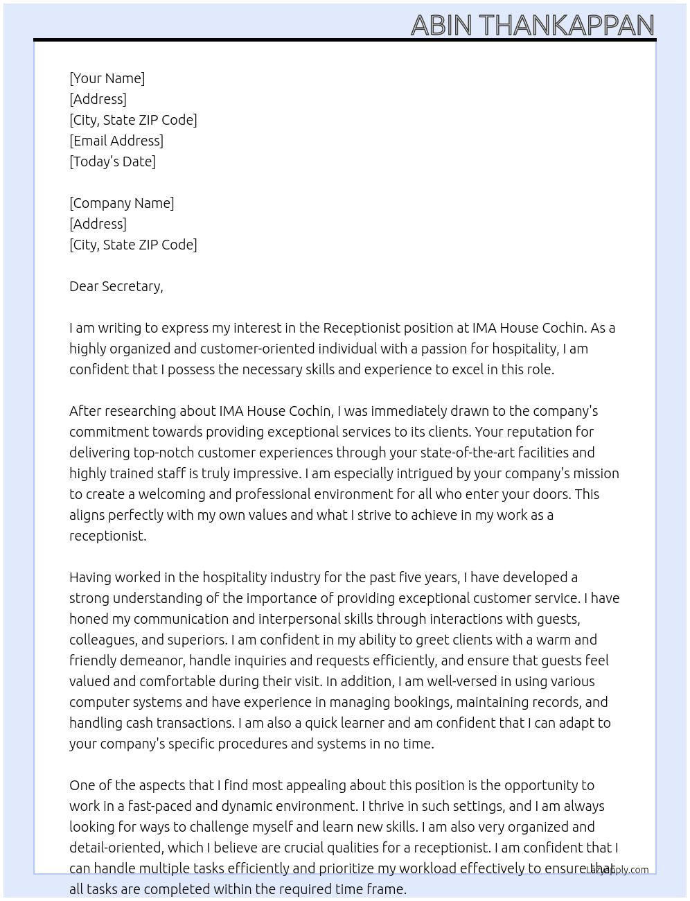 Receptionist At IMA House Cochin Cover Letter