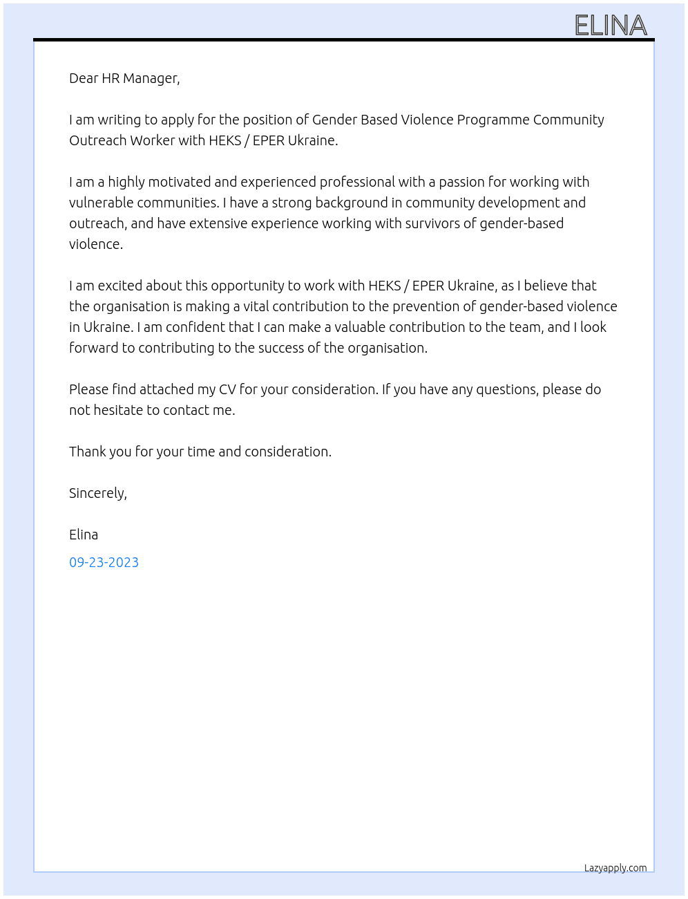 Gender Based Violence Programme Community Outreach Worker At HEKS / EPER Ukraine Cover Letter