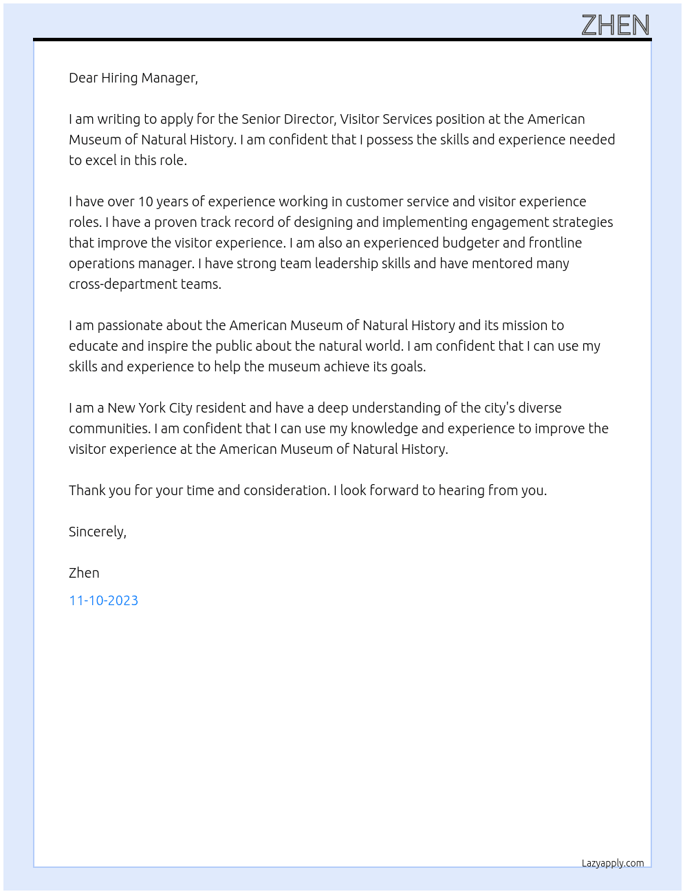 Senior Director, Visitor Services At American Museum of Natural History Cover Letter