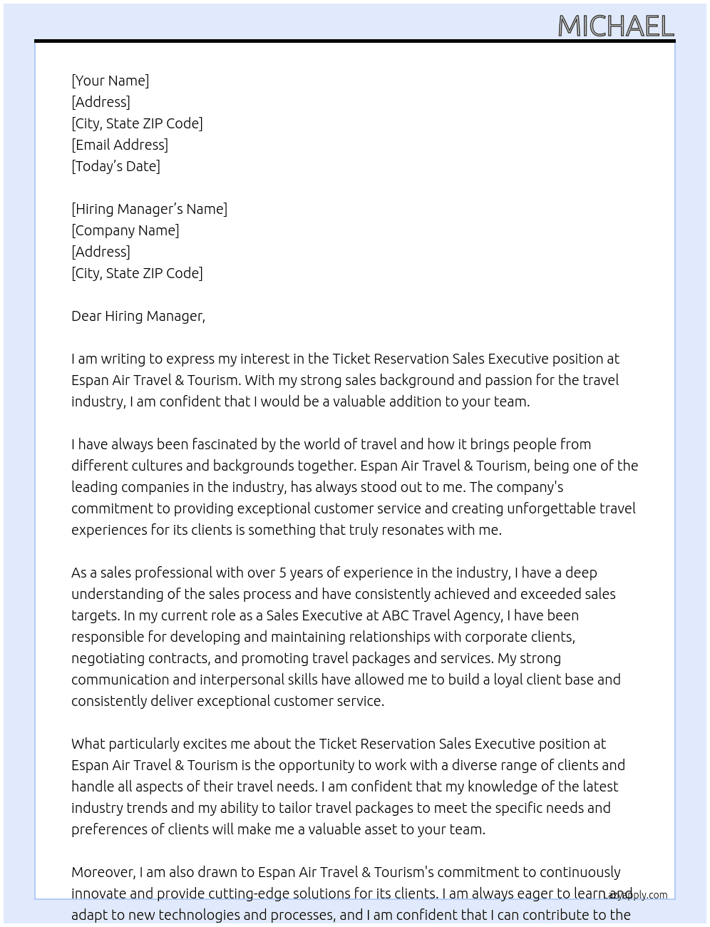 TICKET RESERVATION  SALES EXECUTIVE At ESPAN AIR TRAVEL & TOURISM Cover Letter