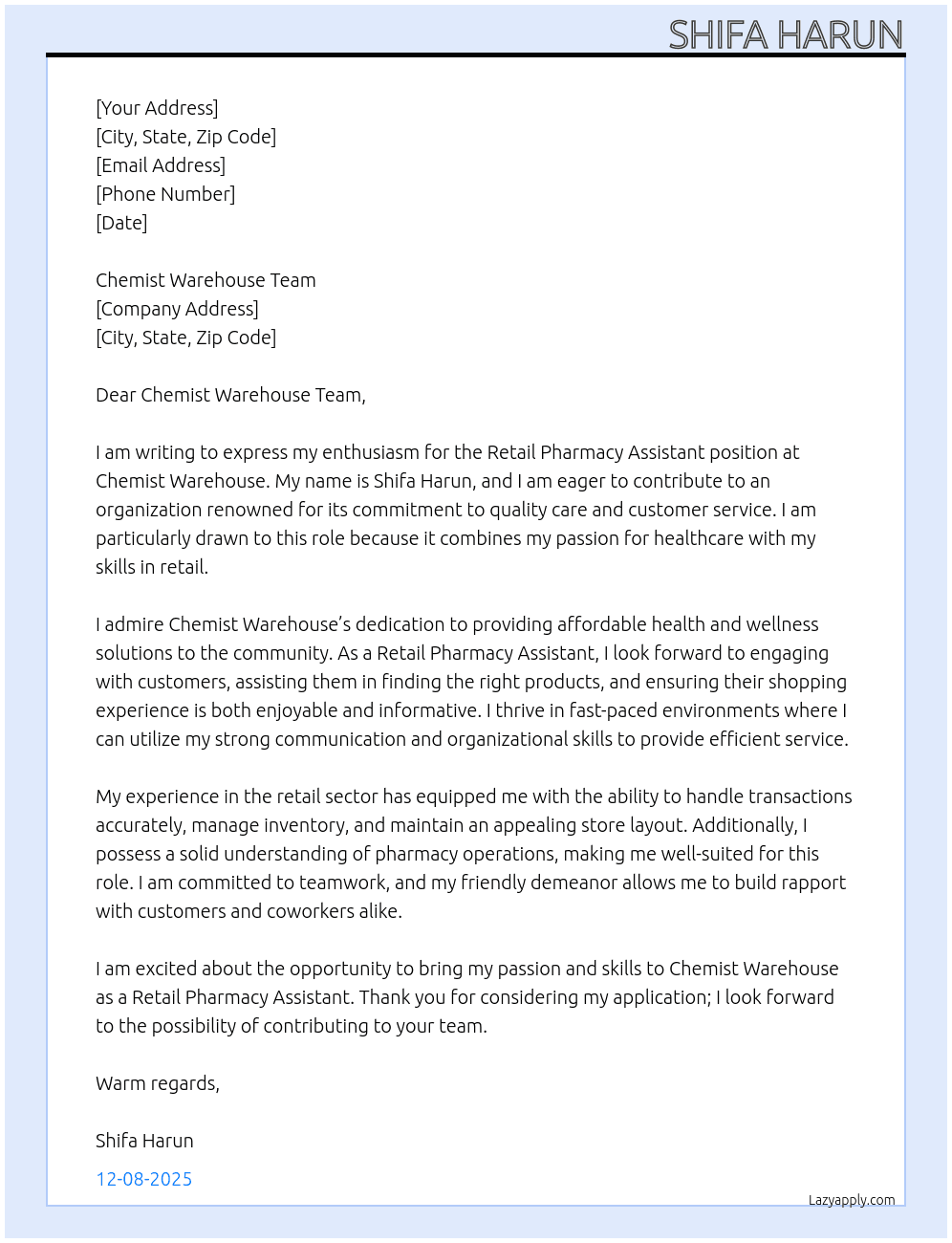Retail Pharmacy Assistant At Chemist Warehouse Cover Letter