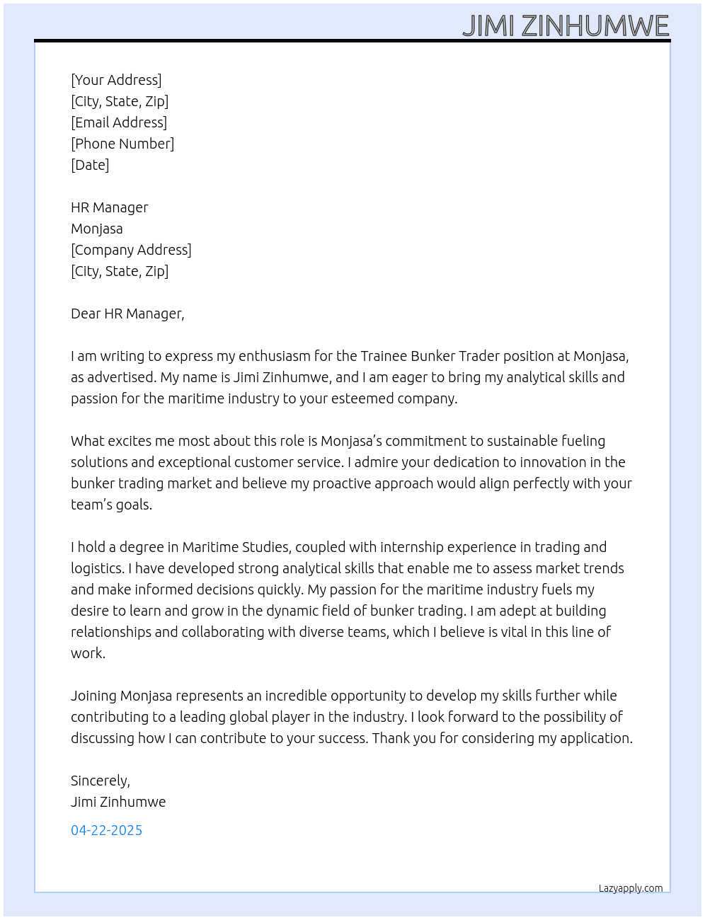 Trainee bunker trader  At Monjasa Cover Letter