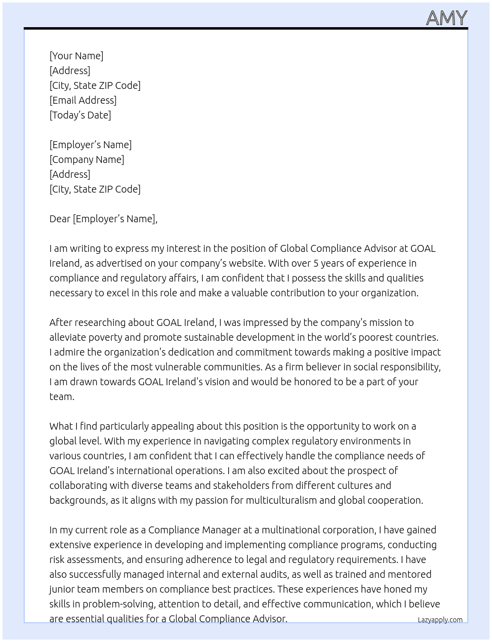 Global Compliance Advisor At GOAL Ireland Cover Letter