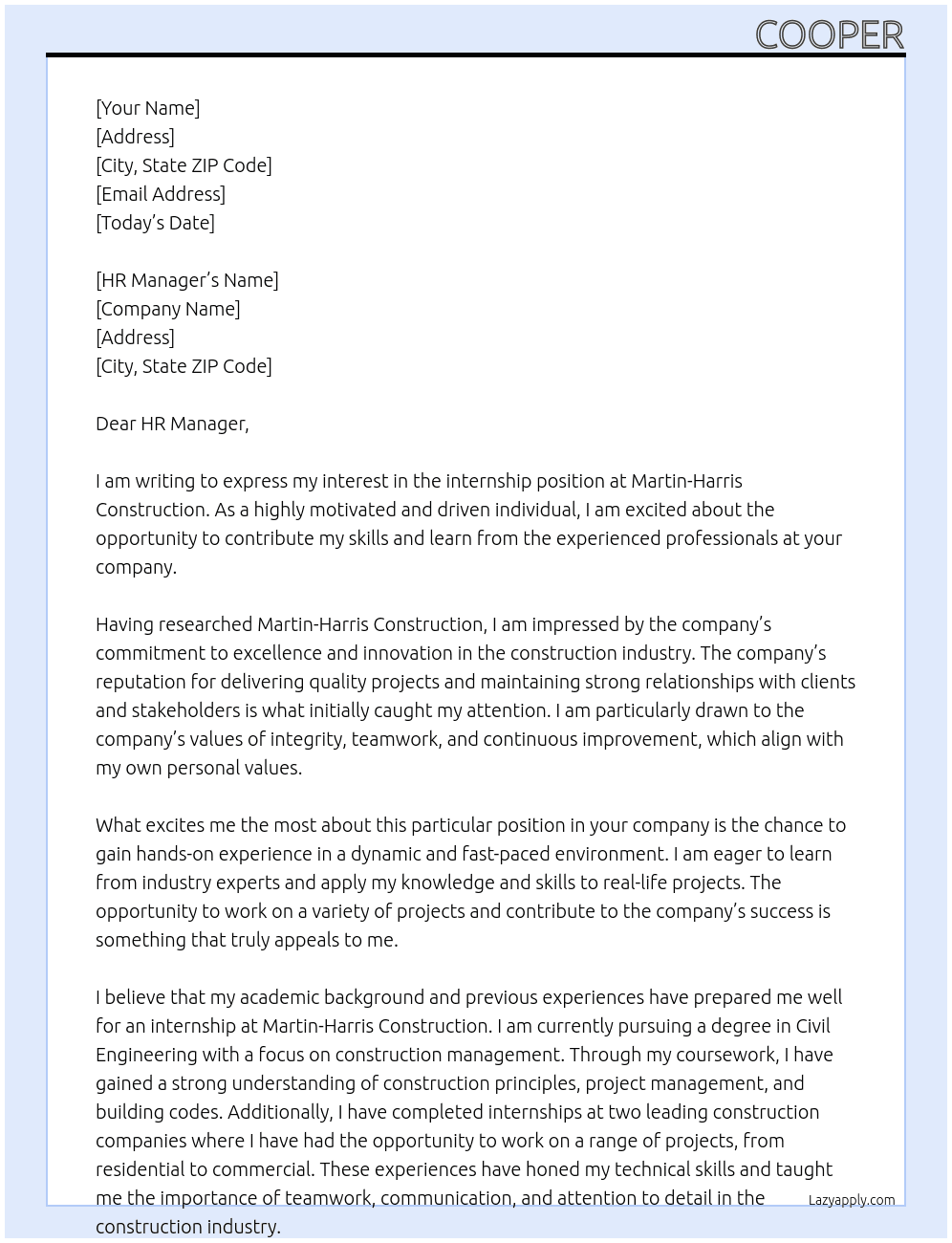 Interniship At Martin-Harris Construction Cover Letter