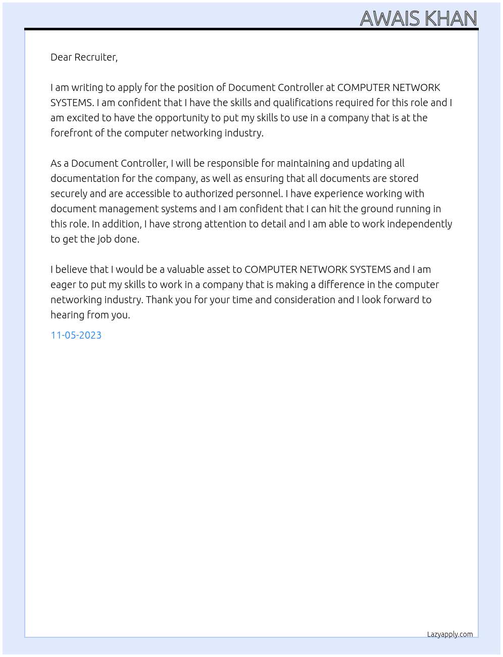 Document controller At COMPUTER NETWORK SYSTEMS  Cover Letter