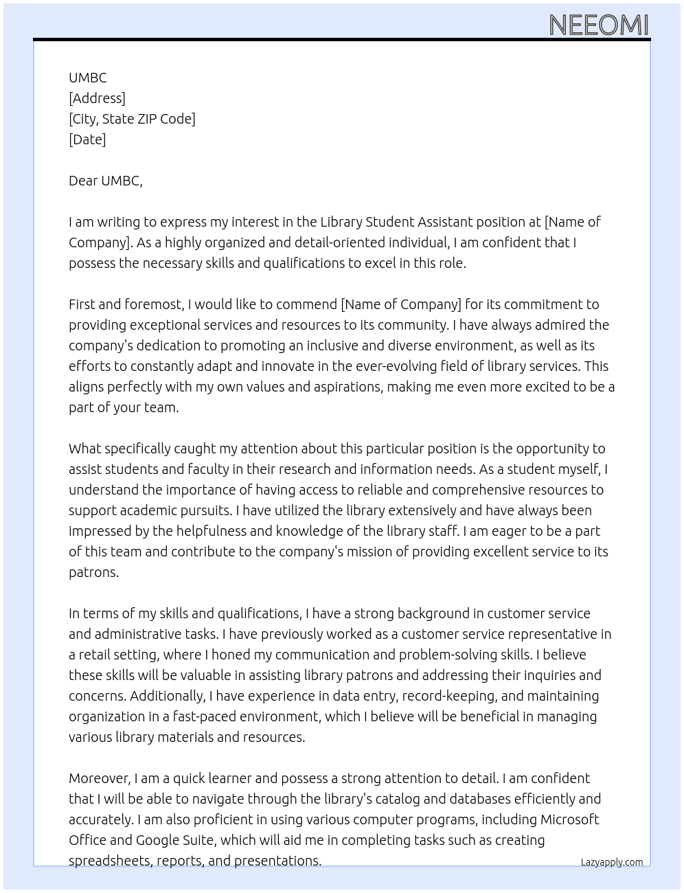 Library Student Assistant At N/A Cover Letter