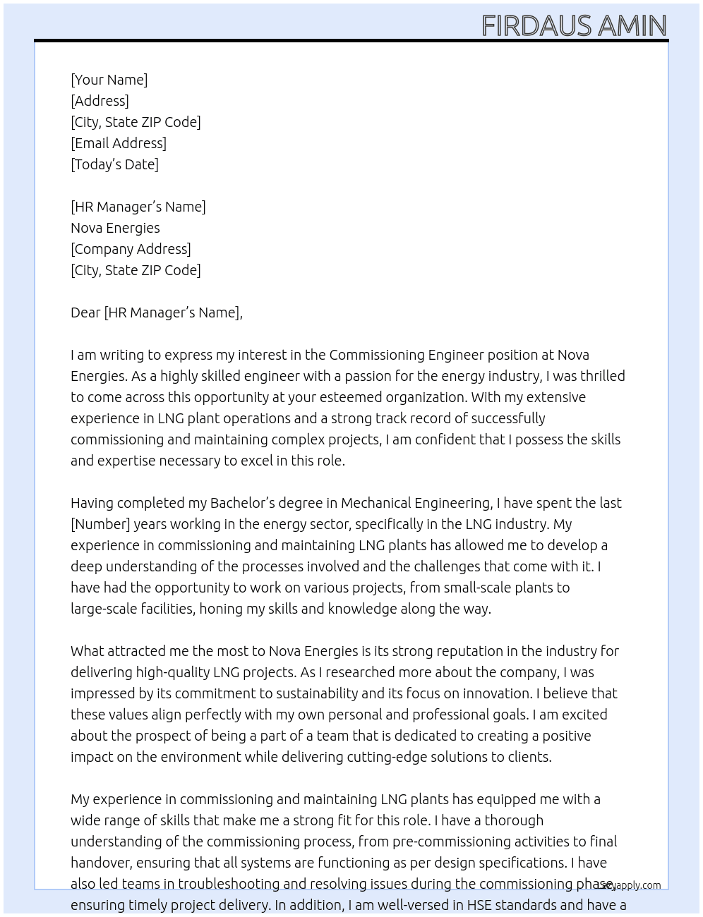 Commissioning Engineer At nova energies Cover Letter
