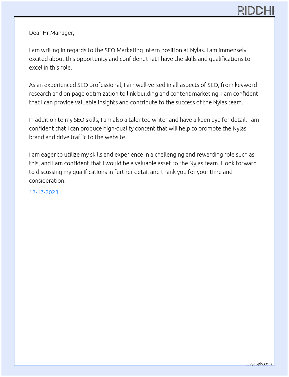 SEO Marketing Intern At Nylas Cover Letter