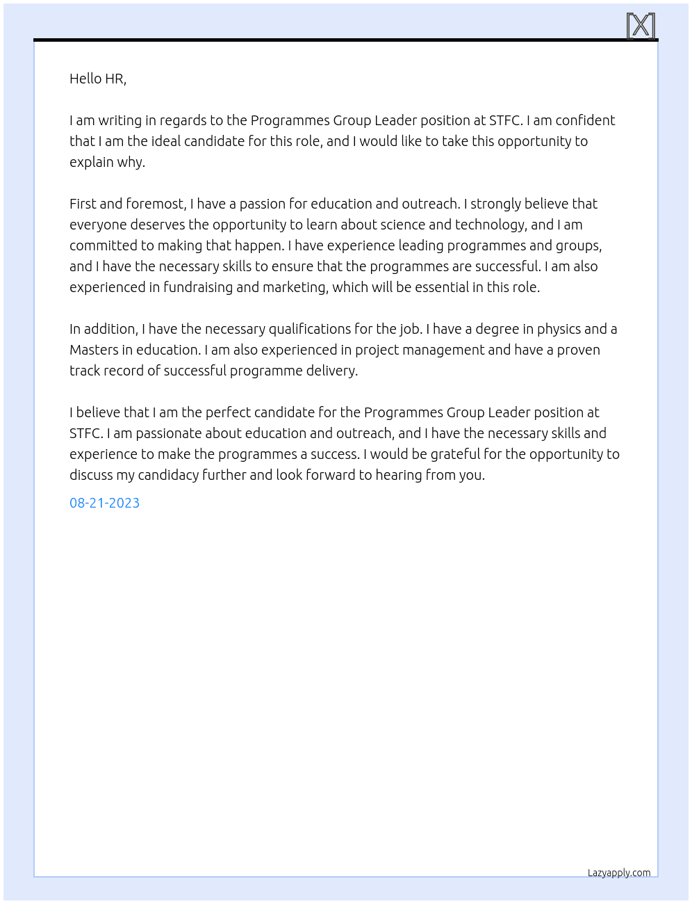 Programmes Group Leader At STFC Cover Letter